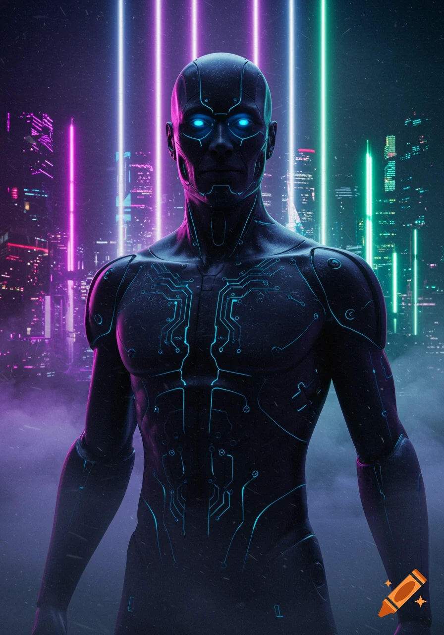 A photorealistic dark humanoid robot with glowing blue circuit patterns and eyes stands before a neon-lit cyberpunk city skyline.