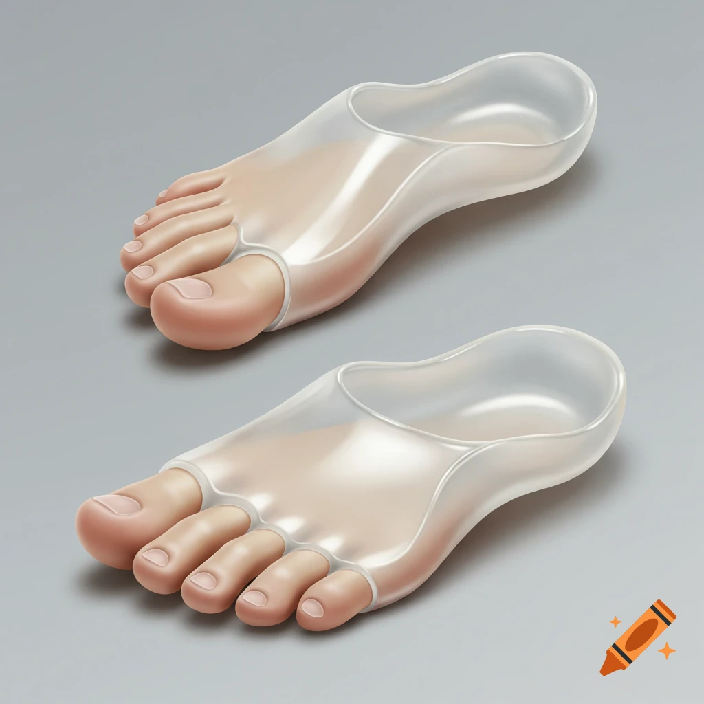 Two feet wearing transparent, flexible silicone toe spacers on a grey background, rendered in a photorealistic style.