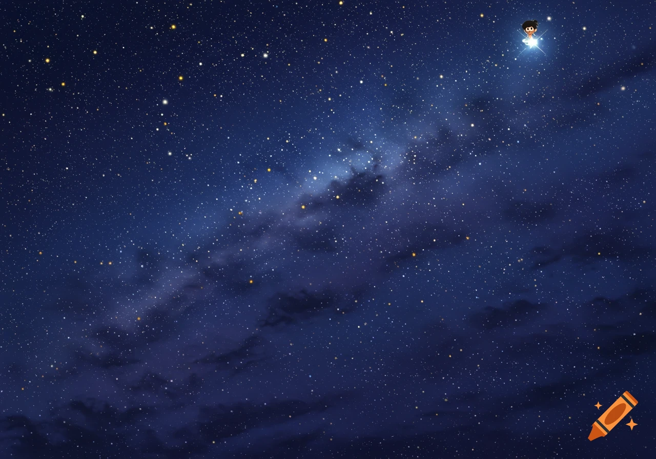 A dark blue night sky filled with countless twinkling stars and a bright, tiny, cartoon character with golden sparkles in the top right corner.