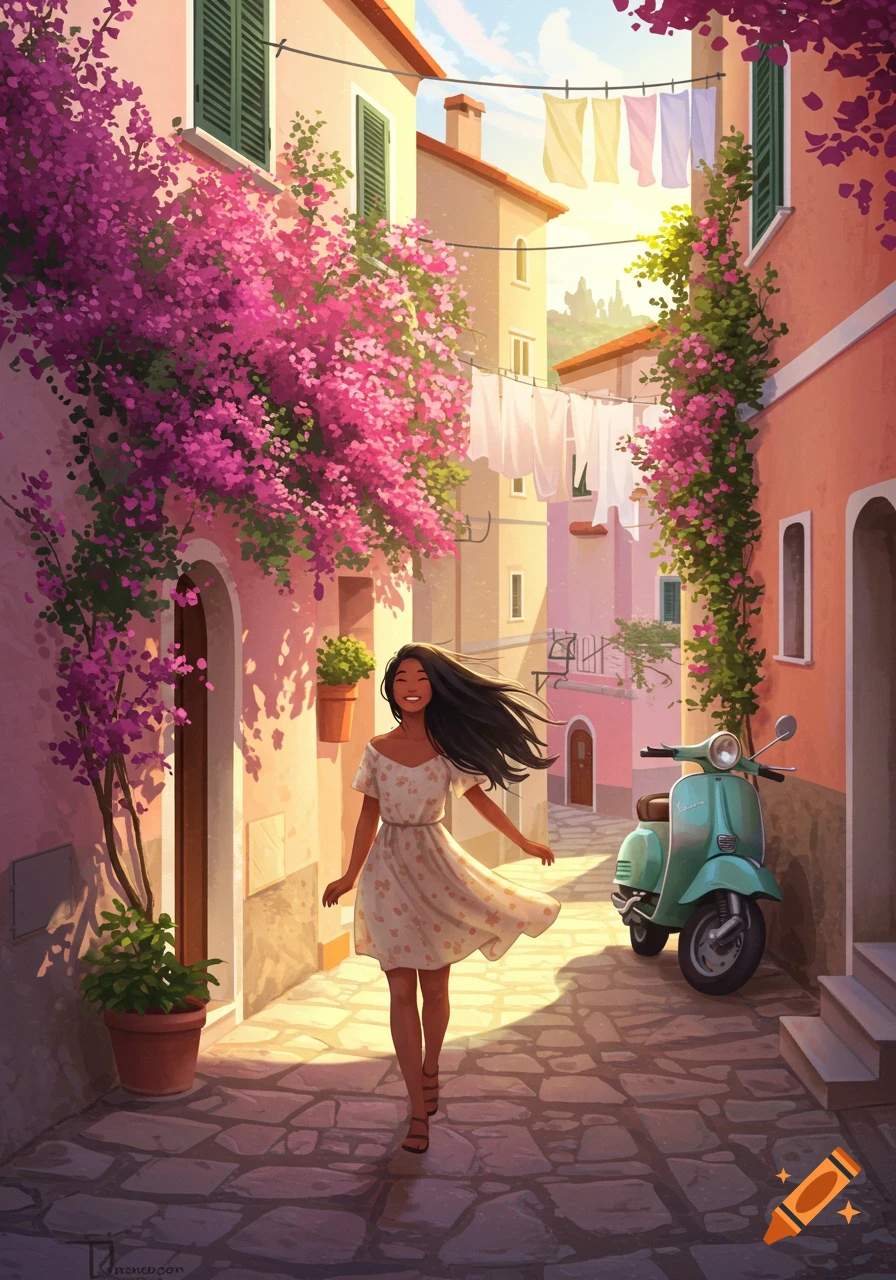 An illustration of a young woman walking on a sunlit street in Italy, lined with buildings covered in pink flowers and a teal scooter.