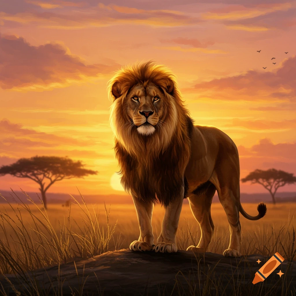 A majestic lion stands on a rock against a vibrant orange and purple sunset with trees in the savanna.