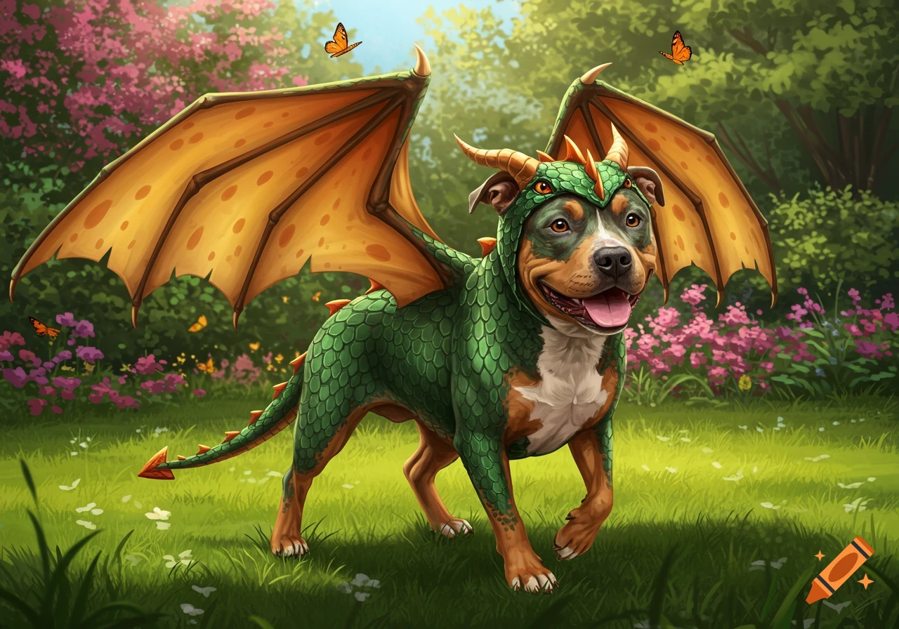 A happy pitbull dog wearing a green dragon costume with orange wings and horns stands in a lush garden filled with pink flowers and butterflies.