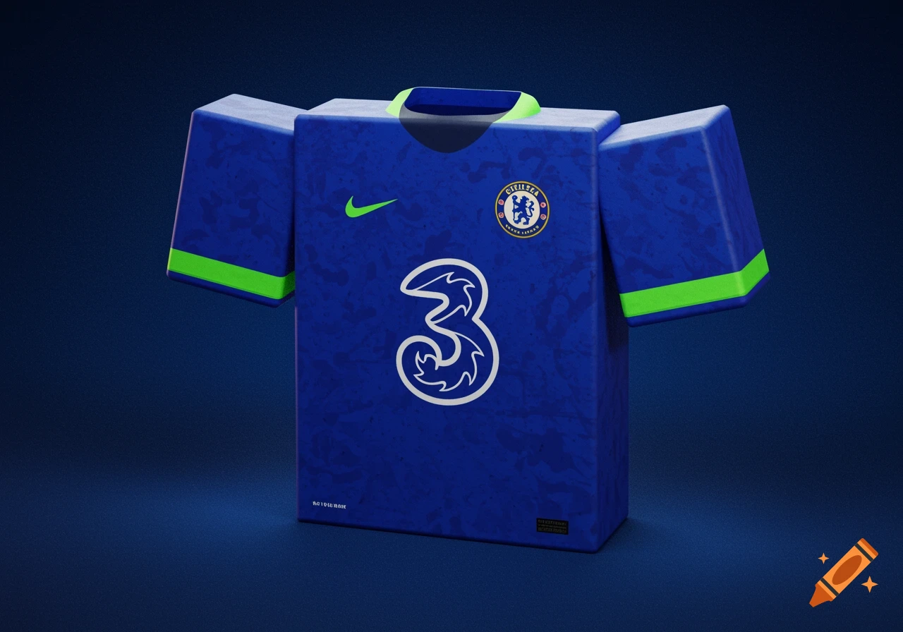 A blue Chelsea FC soccer jersey with a number 3, Nike logo, and club crest, rendered in a blocky Roblox style.