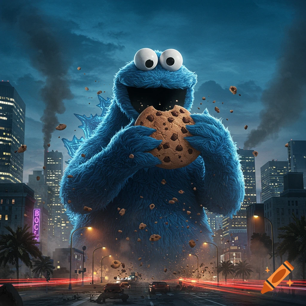 A giant, furry blue Cookie Monster with Godzilla spikes stands in a city at dusk, eating a huge chocolate chip cookie as debris falls around.