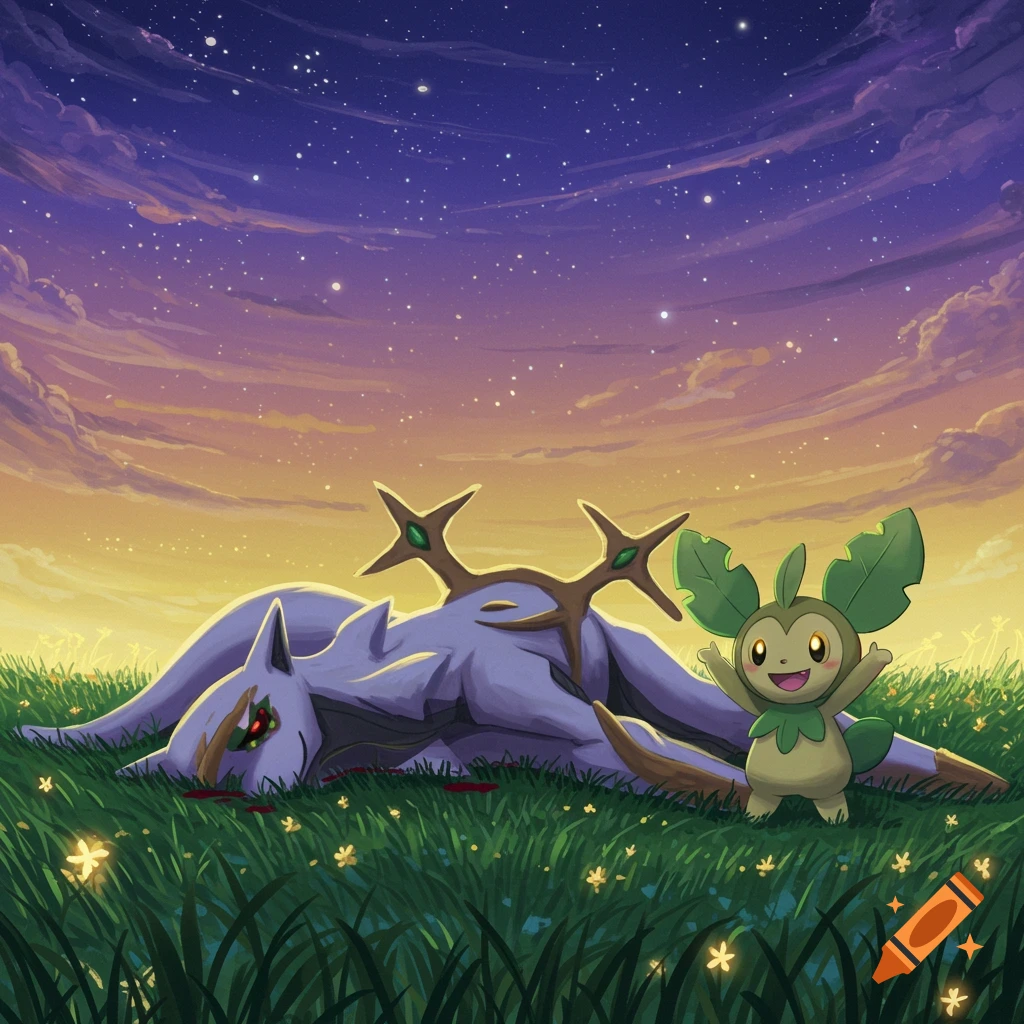 The Pokémon Budew happily stands next to a defeated Arceus lying on a grassy field under a starry sunset sky.