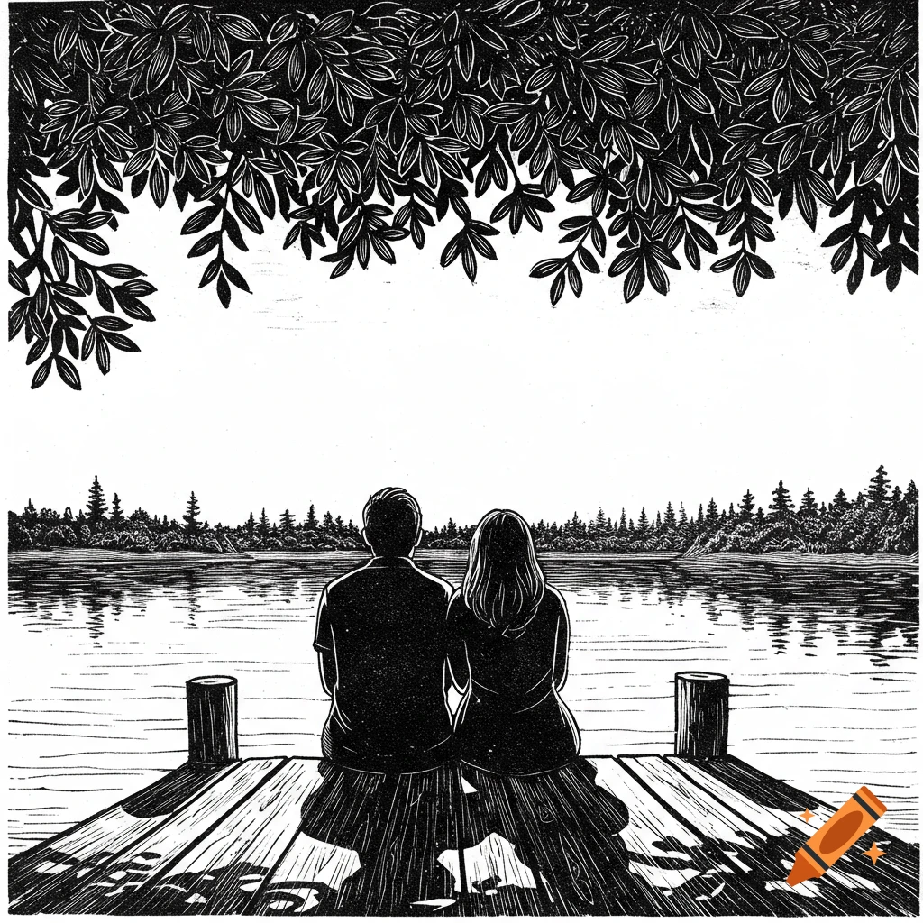 A black and white woodcut illustration of a couple sitting on a wooden dock, facing a calm lake surrounded by trees under a canopy of leaves.