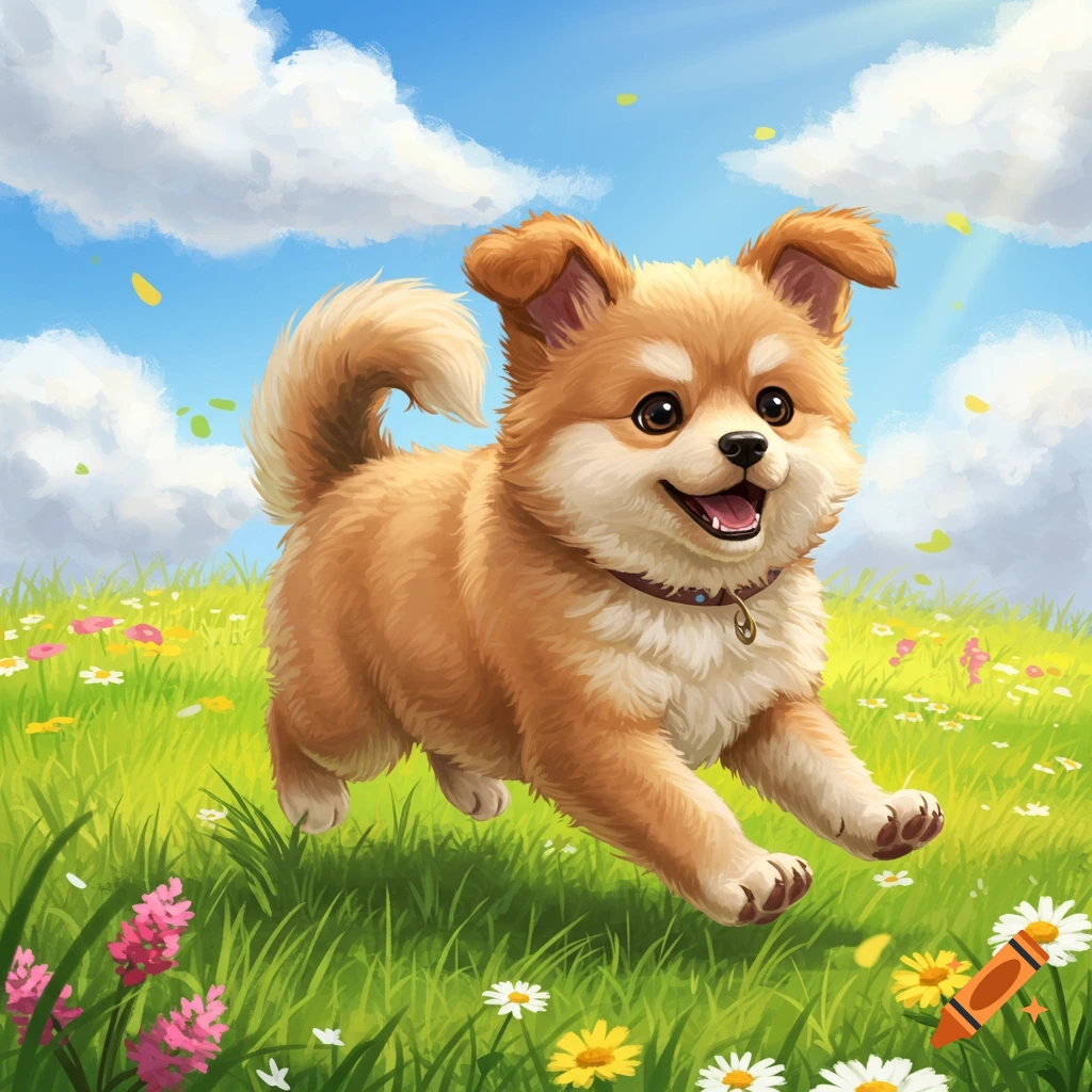 A cute, fluffy brown puppy with a happy expression runs through a vibrant green meadow with colorful wildflowers under a sunny blue sky.