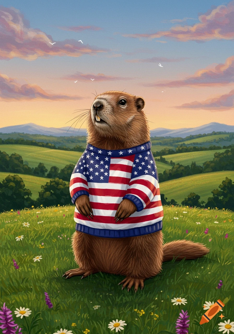 A groundhog wearing an American flag sweater stands in a field of green grass and wildflowers under a pastel sky.