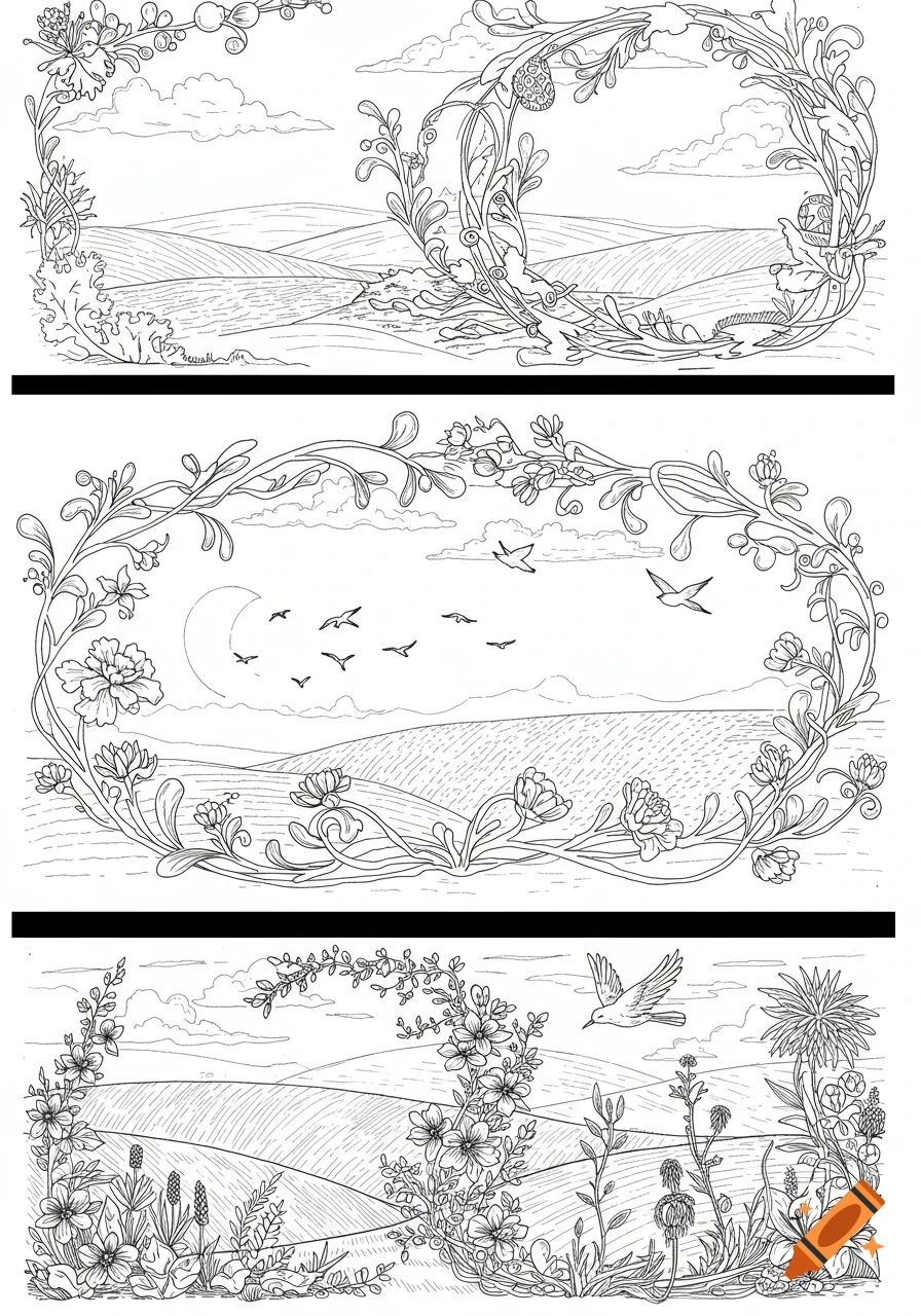 Three black and white line art illustrations of landscapes framed by floral borders, featuring hills, clouds, birds, and plants.
