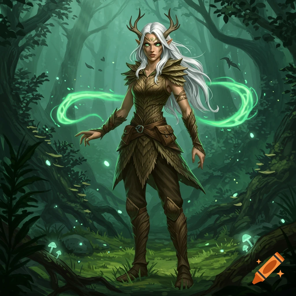 A female elf with white hair, antlers, and leaf armor stands in a magical green forest.