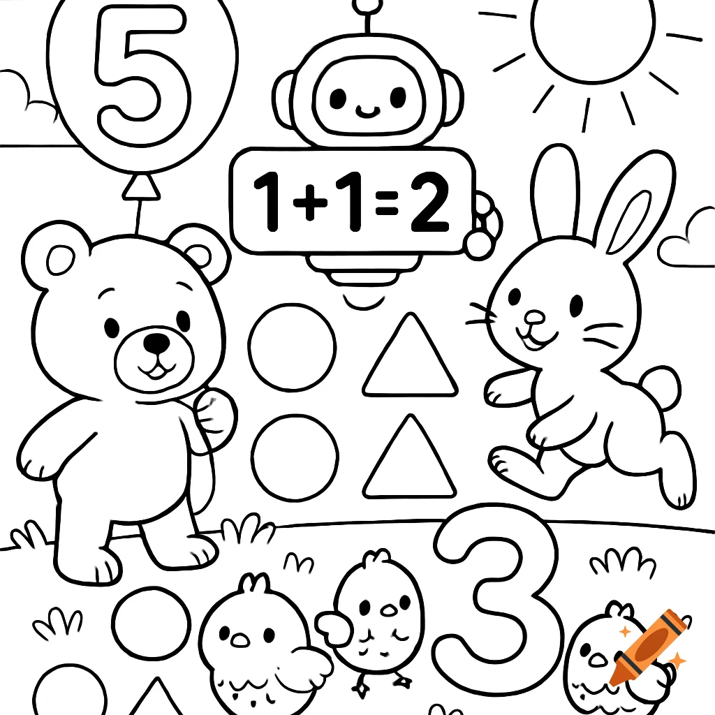 Black and white line art coloring page with a bear, rabbit, robot, chicks, numbers 5 and 3, and the equation 1+1=2 for early math.