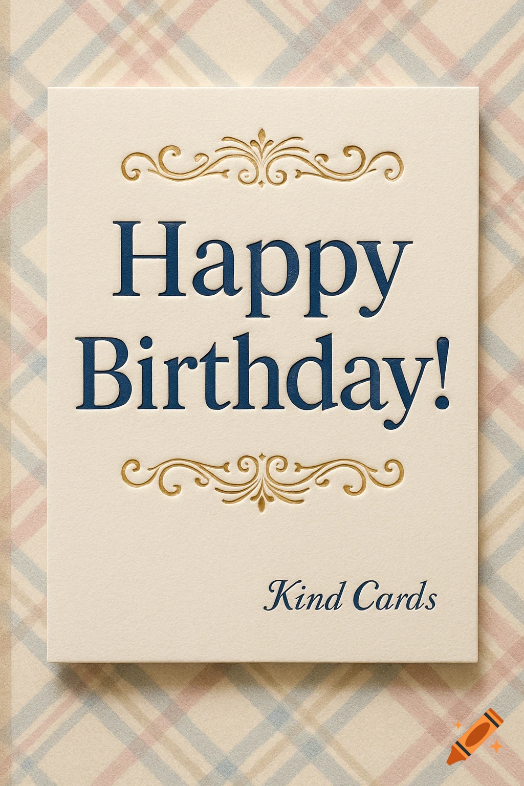 Preppy cream birthday card with 'Happy Birthday!' in blue, gold decorations, and 'Kind Cards' against a plaid background.