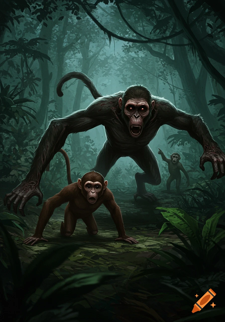 A large, dark, menacing ape with glowing red eyes and long arms lunges forward in a dense, dark jungle. A smaller brown monkey crawls in the foreground, looking scared, while another small monkey points in the background.