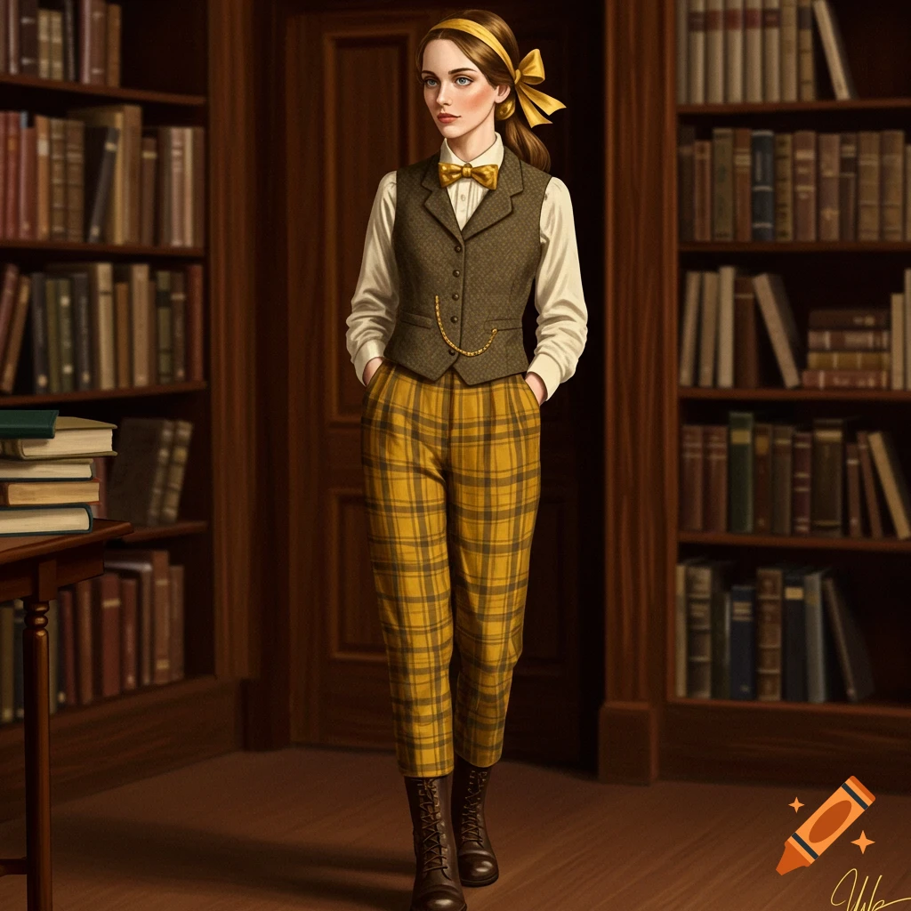 A woman in a tweed waistcoat and yellow plaid trousers stands in a library.