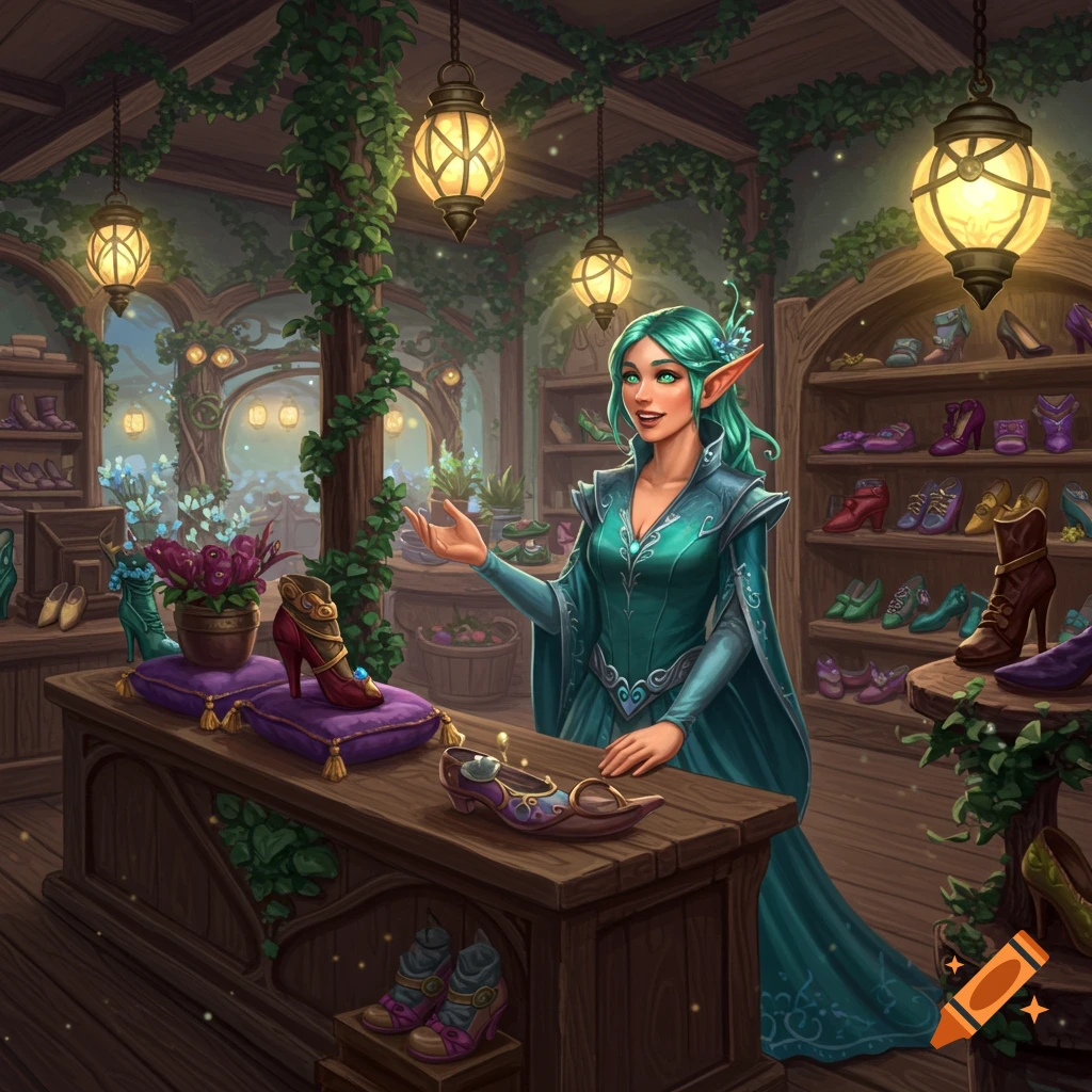 A green-haired elf in a teal dress stands in a magical shoe shop filled with various shoes on shelves and a display table.