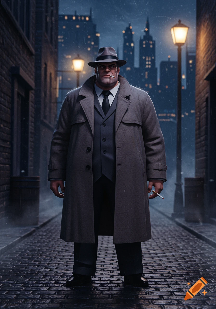 A stylized illustration of DC Comics character Harvey Bullock in a trench coat and fedora, standing in a dark, rainy city alley at night with a cigarette.