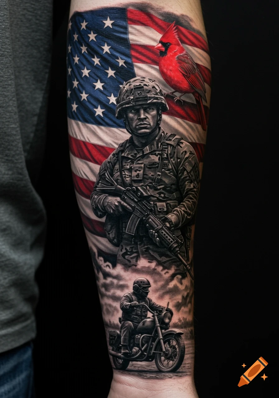 Hyper-realistic forearm tattoo depicting an American flag, a black and grey army soldier with a rifle, a red cardinal, and a motorcycle.