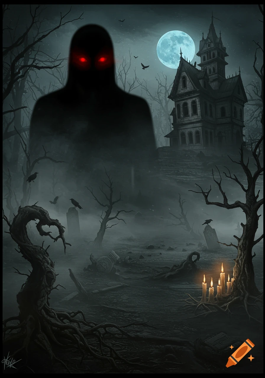 A shadowy cloaked figure with glowing red eyes stands in a misty graveyard with a haunted house under a full moon.
