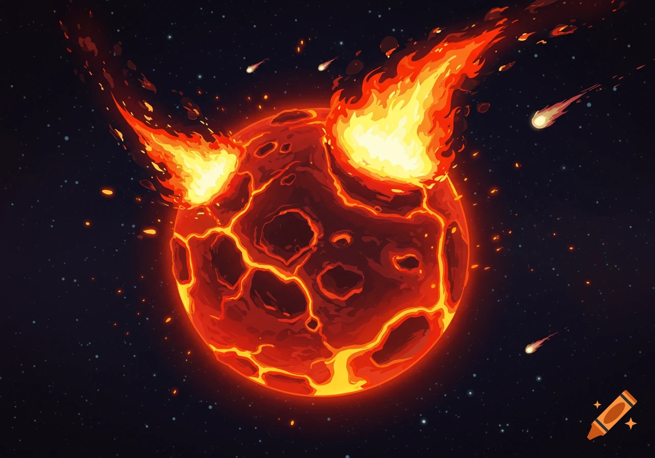 A cartoon fiery red planet with lava cracks and large flames erupting from its surface, set against a star-filled dark space.