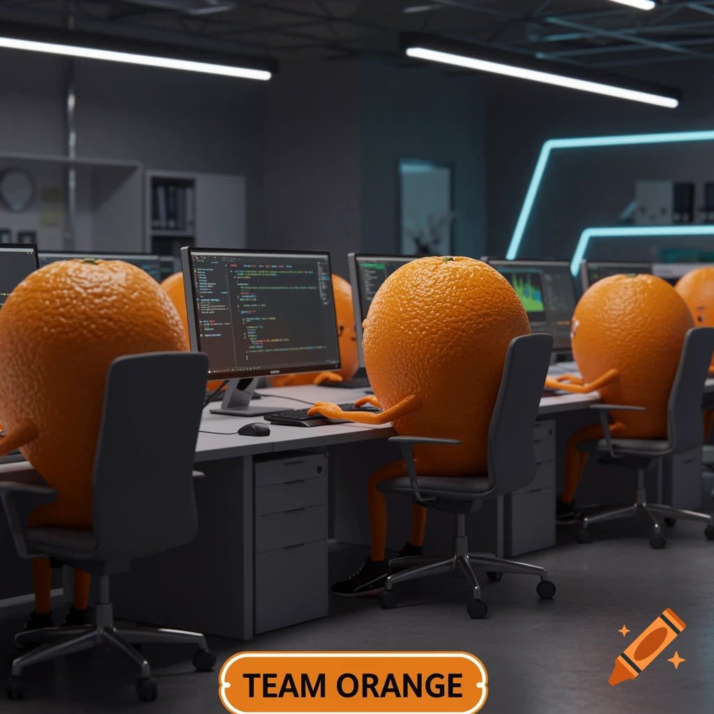 Photorealistic image of anthropomorphic oranges working at computers in a dimly lit office, with a label reading "TEAM ORANGE" at the bottom.