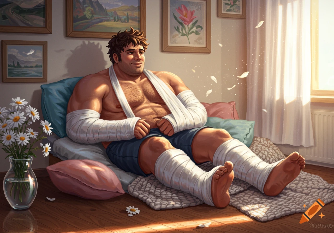 A smiling, muscular man with dark hair, shirtless and covered in casts, sits on a bed in a sunlit room with paintings and daisies, digital illustration.