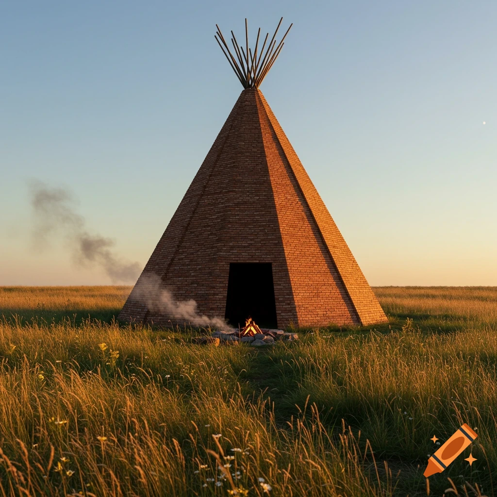A brick teepee with a fire inside sits in a vast grassy field under a clear sky at sunset.