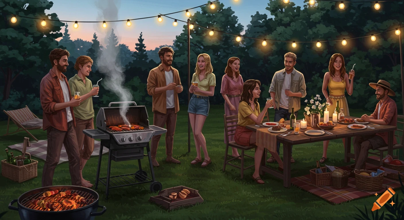 A group of friends enjoys an evening backyard barbecue with string lights, grilling food, and dining at a table.