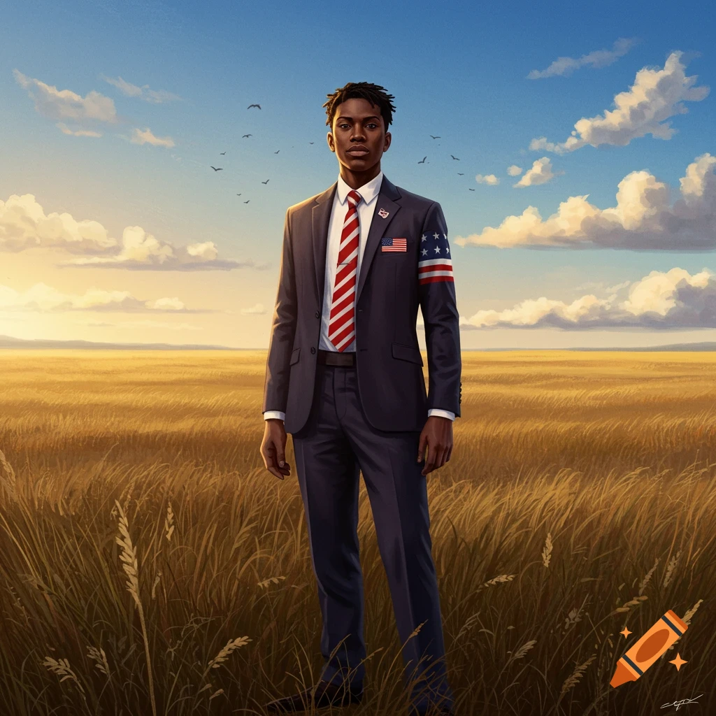 A young Black man in a dark suit, American flag tie, and armband stands in a golden wheat field under a blue sky.