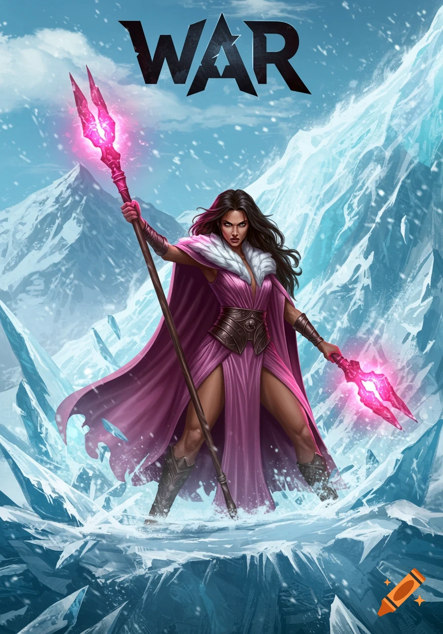 Brunette warrior woman in pink robes standing in an icy landscape, holding glowing pink staff pieces, with 'WAR' text at the top, digital art.