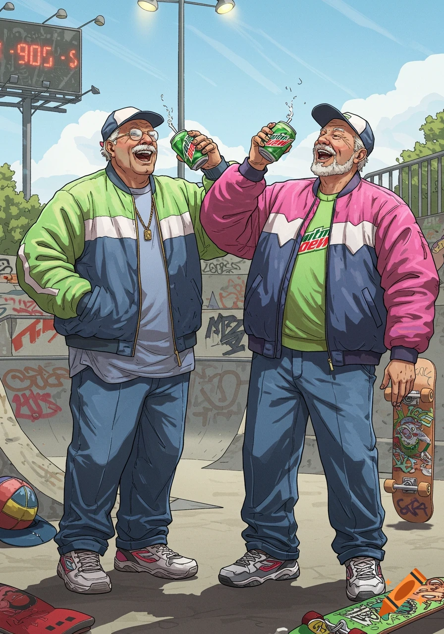 Two laughing old men in colorful 90s tracksuits and hats drink soda in a graffiti-covered skate park, cartoon style.