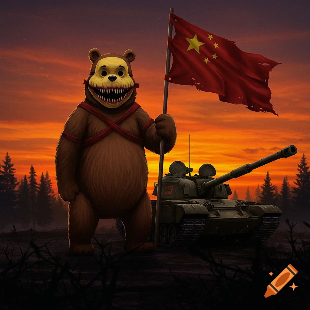 A giant anthropomorphic bear with a scary Winnie the Pooh-like mask holding a Chinese flag, standing next to a military tank at sunset.