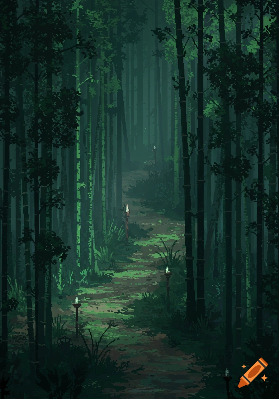 A dark pixel art bamboo forest with a winding path illuminated by glowing lanterns.