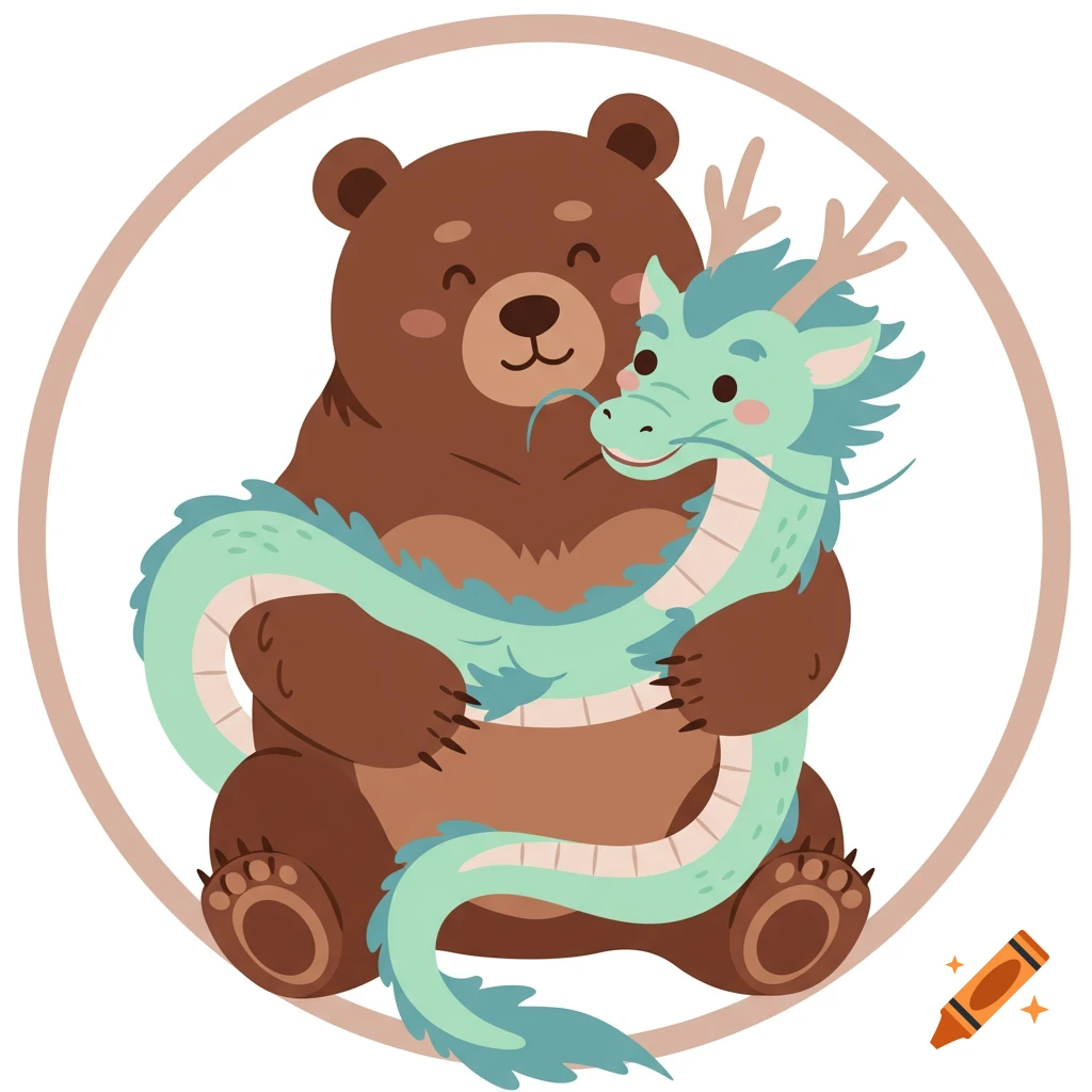 Cute brown bear hugging a teal Asian dragon in a circular illustration.