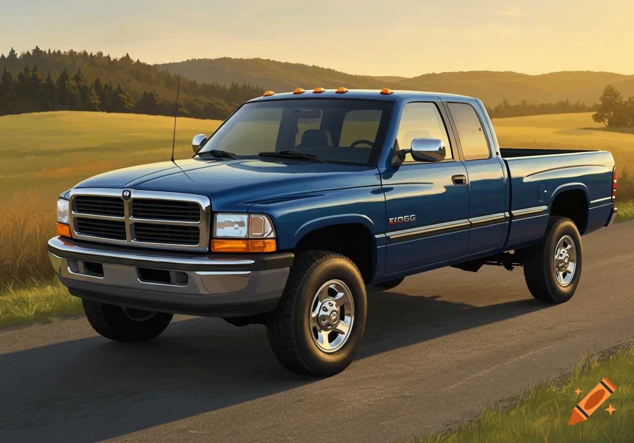 A blue pickup truck is parked on an asphalt road amidst sunlit fields and rolling hills.