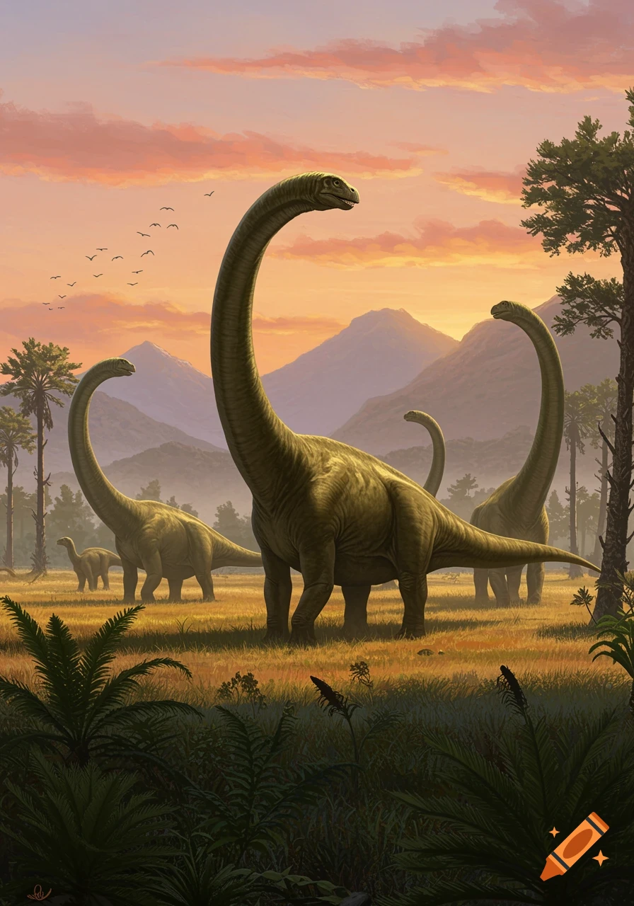 A herd of long-necked dinosaurs stands in a grassy field with mountains and trees at sunset in a detailed illustration.
