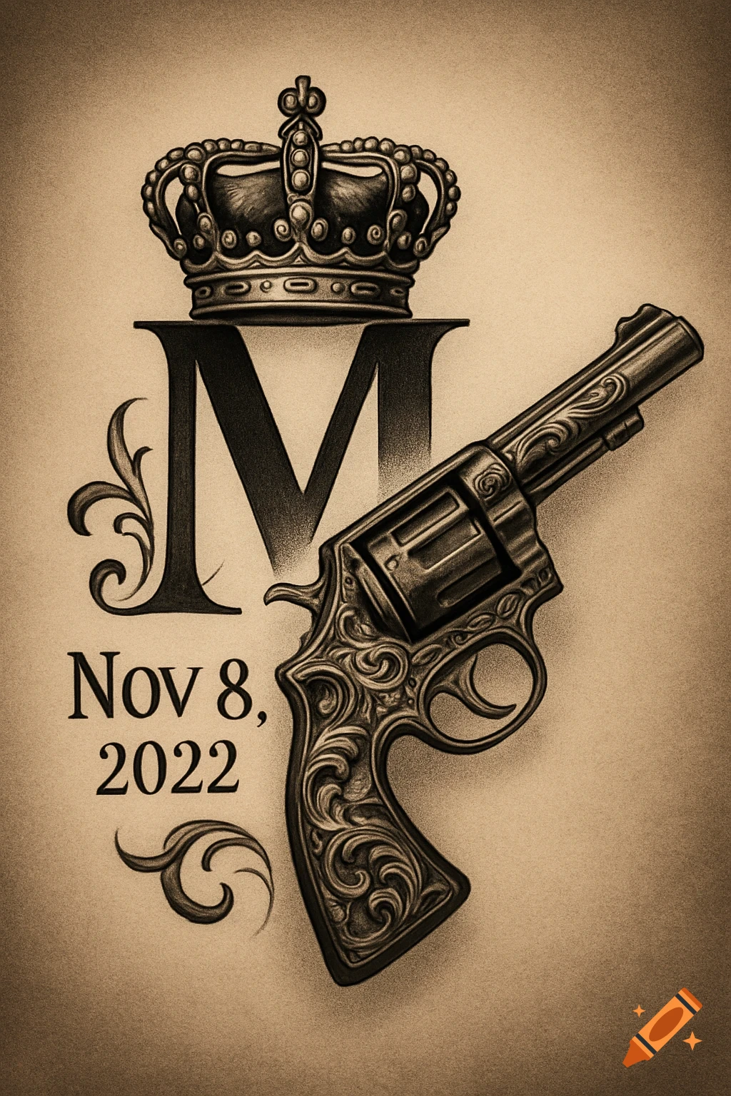 Sepia-toned tattoo design featuring a crown atop a large letter M, with a decorative revolver leaning against it, and the date Nov 8, 2022 below.
