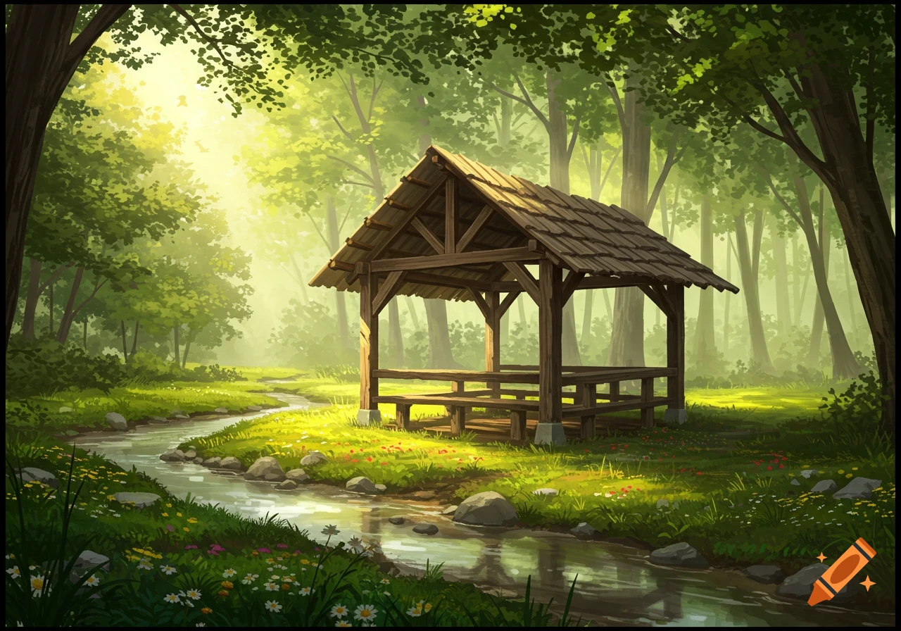 A wooden pavilion in a lush green forest with a stream flowing through a sunlit clearing, in a painterly style.
