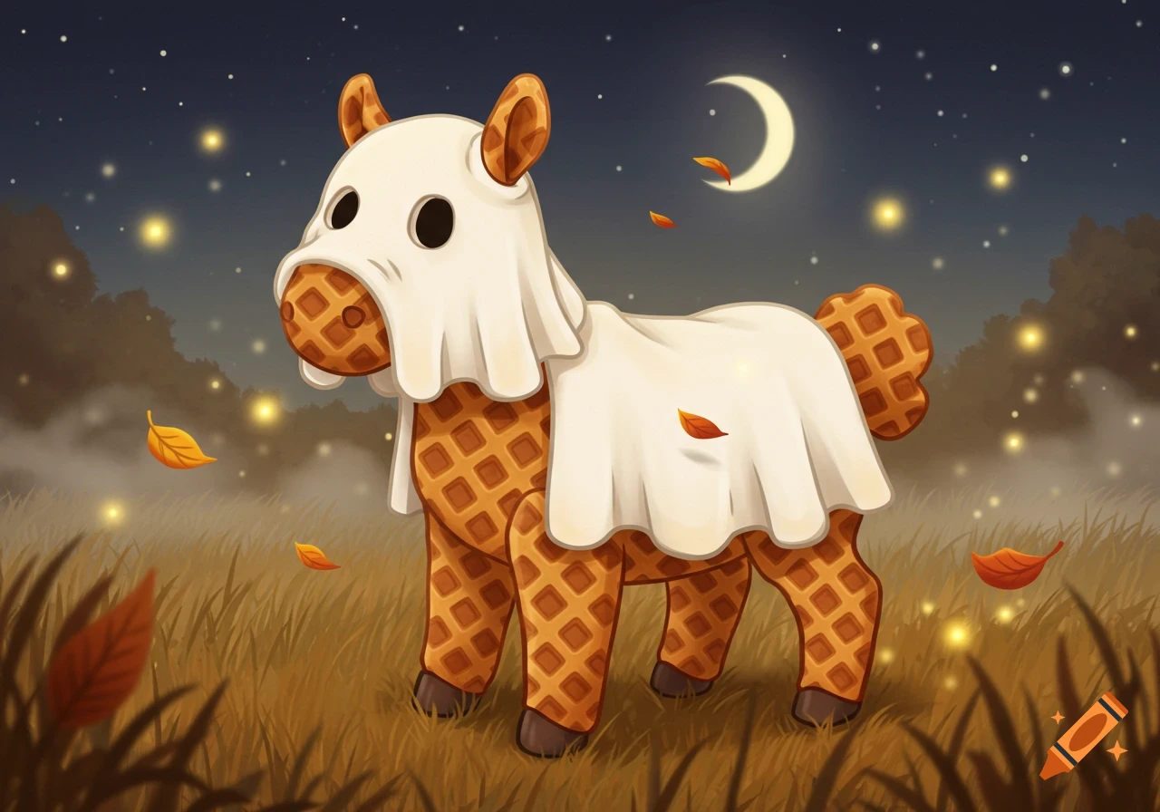 A cute horse made of waffles dressed as a ghost stands in a field at night under a crescent moon, with falling leaves and glowing lights.
