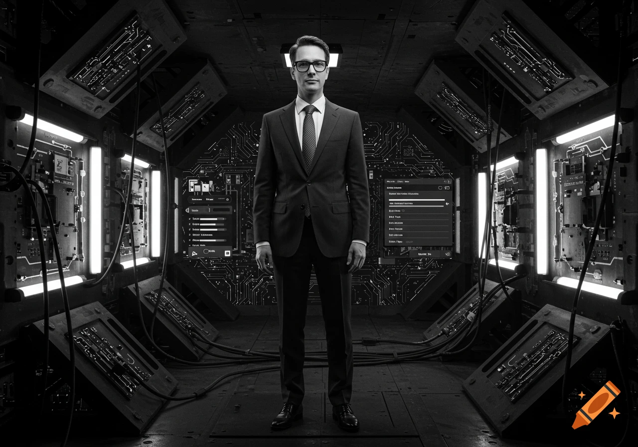 Monochromatic full-body portrait of a man in a suit and glasses standing in a futuristic, circuit-board lined room with glowing screens.