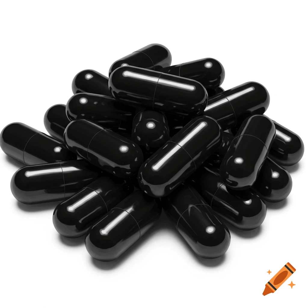 A photorealistic rendering of a pile of shiny black medicinal capsules on a white background.