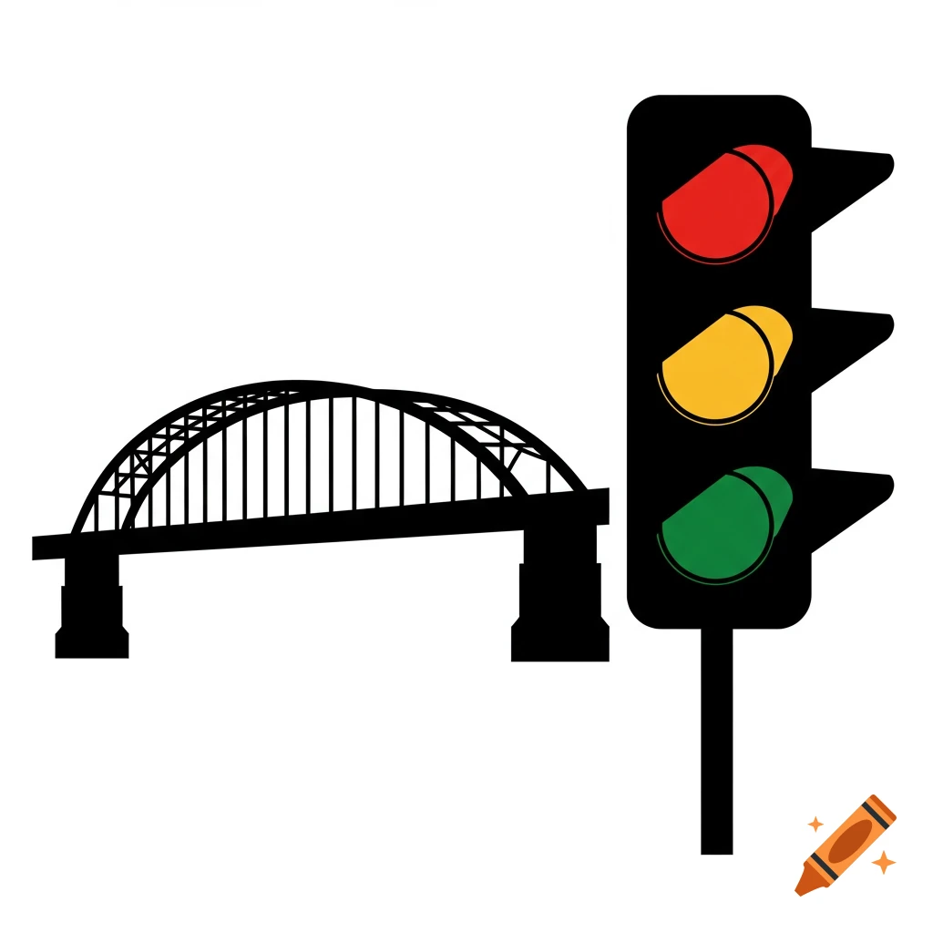 Vector illustration of a black bridge and a traffic light with red, yellow, and green lights.