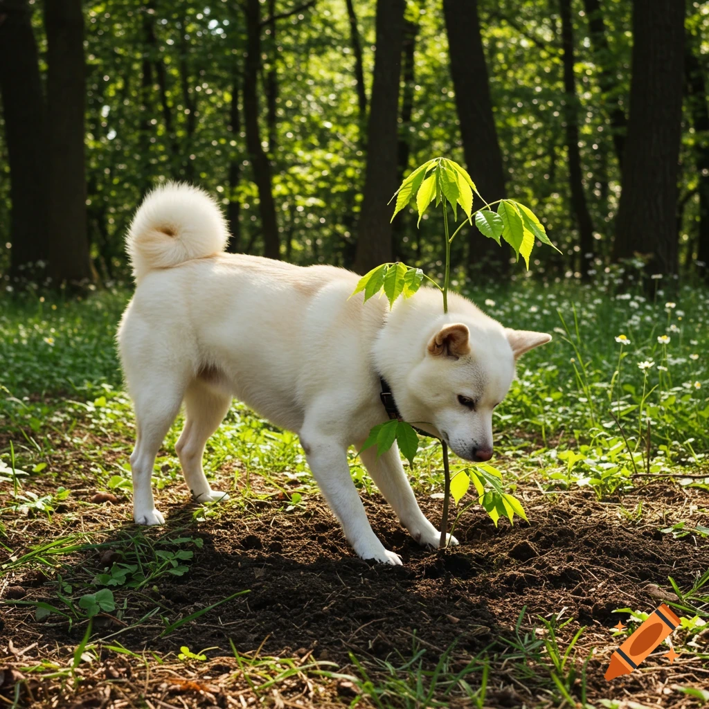 A white Shiba Inu dog sniffs a small leafy sapling planted in dark soil in a sunlit forest.