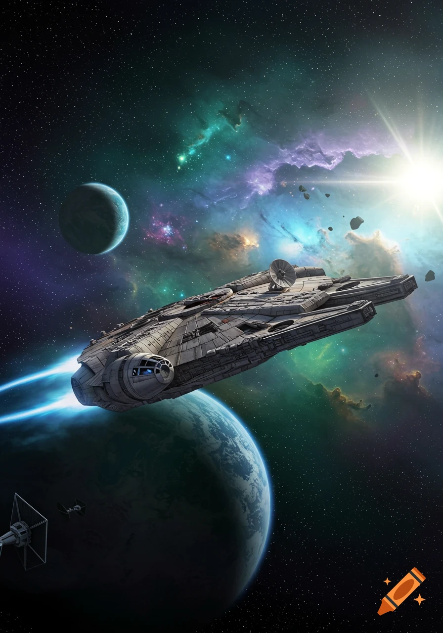 The Millennium Falcon spaceship flies through vibrant cosmic gas and stardust in space, with two planets and a TIE fighter in the background.