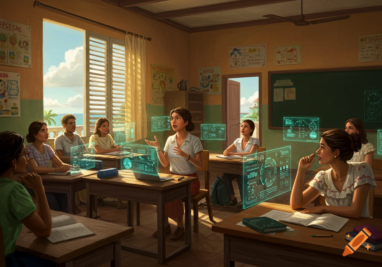Adults in a classroom with holographic displays, learning about AI in a tropical setting, digital art style.