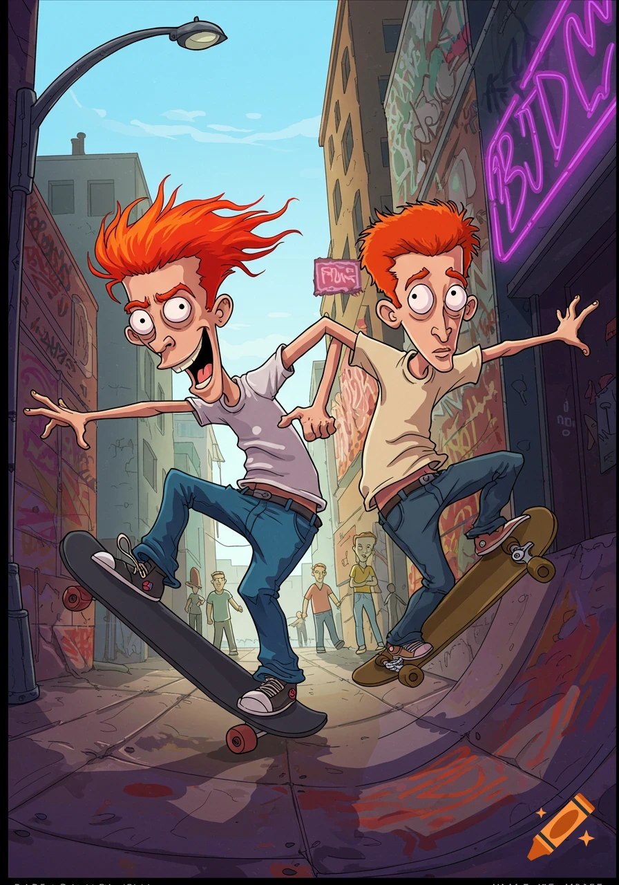 Two cartoon characters resembling Beavis and Butthead skateboard in an urban alleyway with graffiti walls, in an exaggerated style.