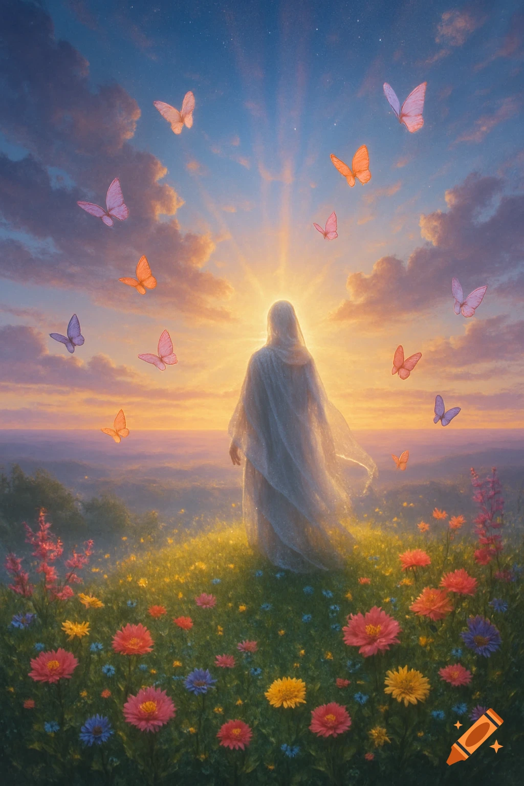 A robed figure stands in a vibrant field of flowers under a radiant sunset, with colorful butterflies fluttering around.
