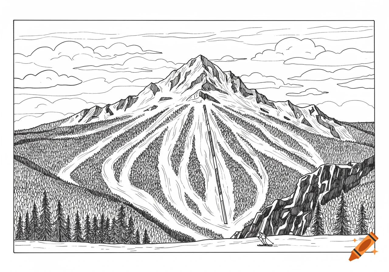 Line drawing of a large ski mountain with multiple slopes, dense forests, and a single skier.