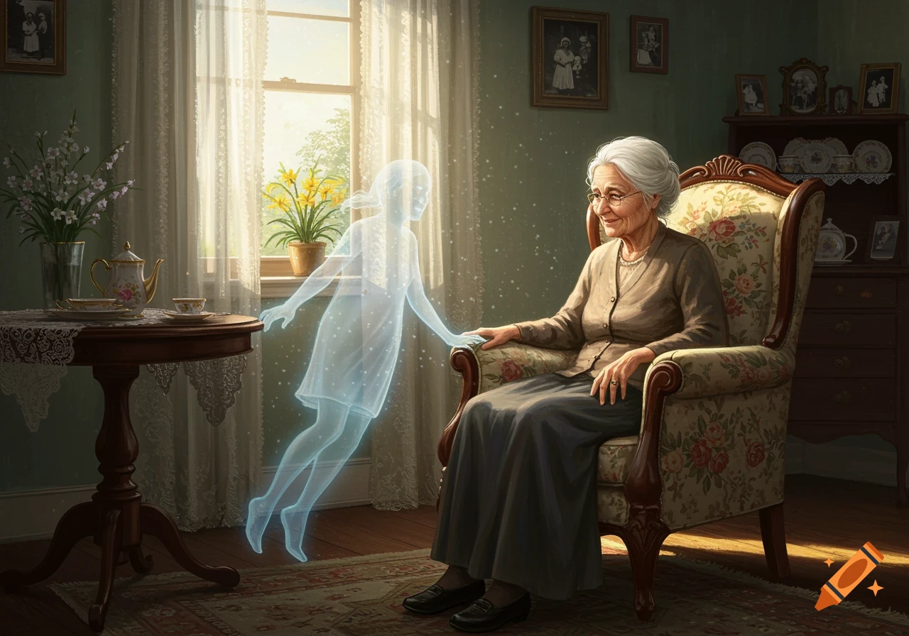 An older woman sits in a patterned armchair, smiling at a translucent, glowing child-like ghost in a sunlit room.