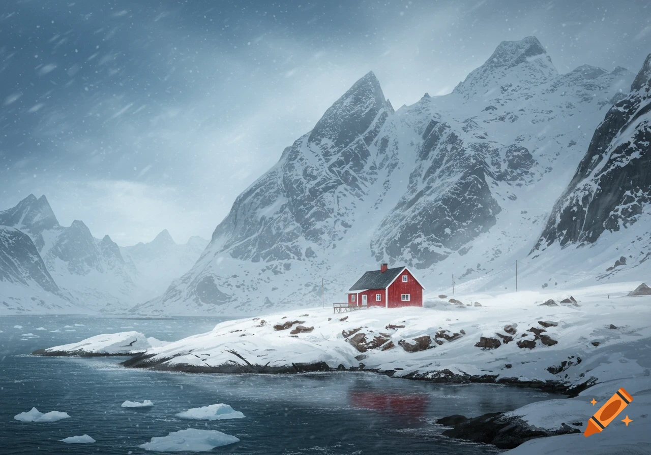 A photorealistic image of a red house on a snowy peninsula surrounded by mountains and a body of water with ice in a snowstorm.