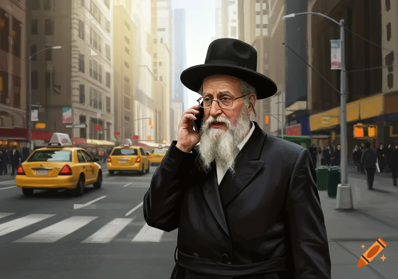 A man with a white beard and black hat talks on a cell phone on a bustling city street with yellow taxis, in a painted style.